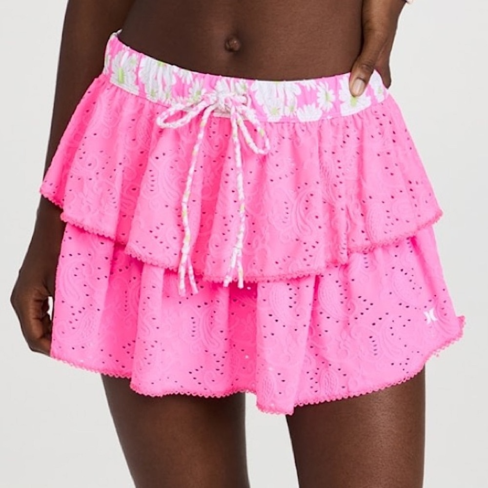 LoveShackFancy x Hurley Tiered Mini Swim Skirt in Eyelet Paisley